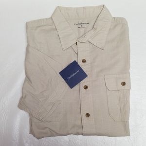 NEW Croft Barrow Classic-Fit cotton button up short sleeve beige shirt L